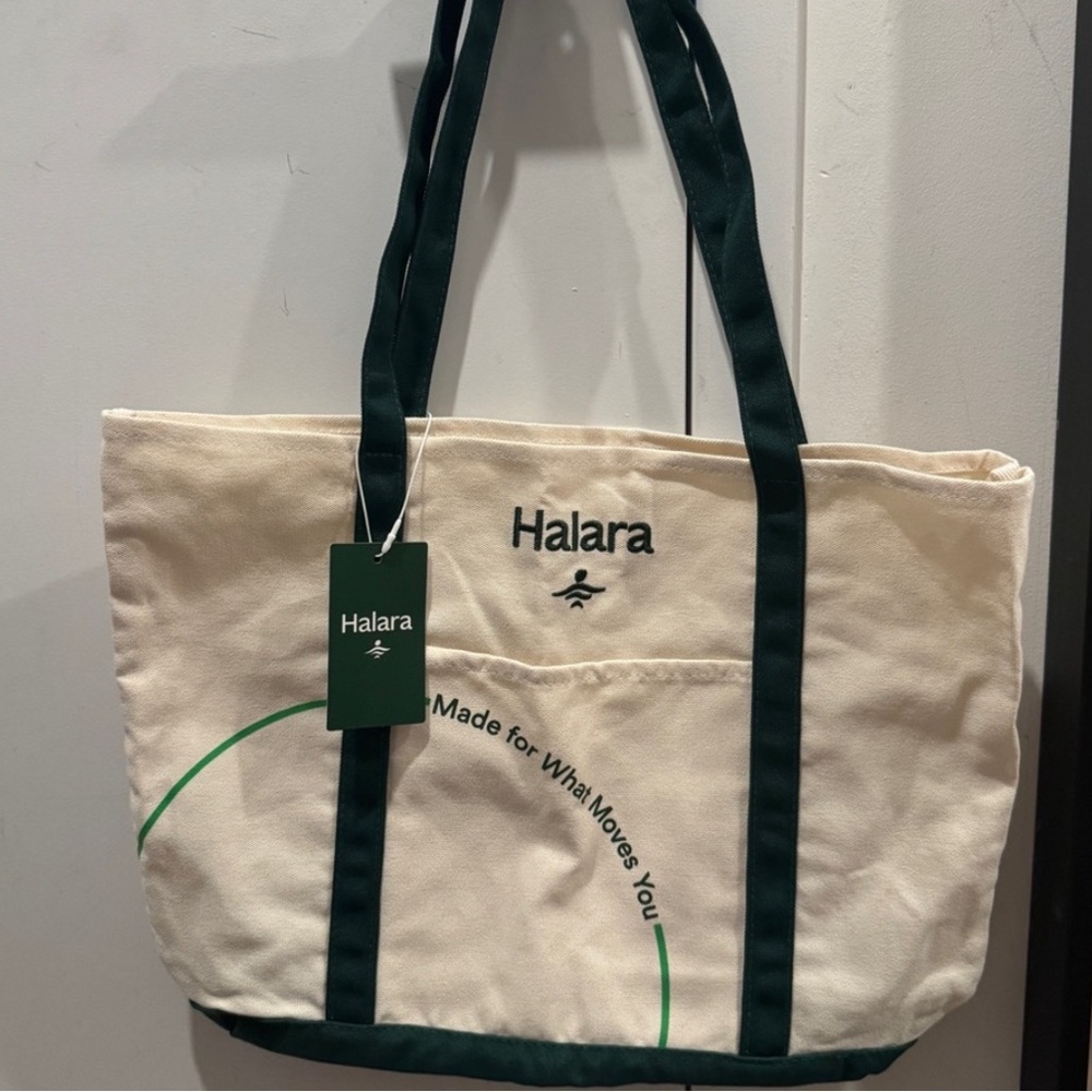 HALARA Cream and Green Canvas Tote Bag - Picture 2 of 5